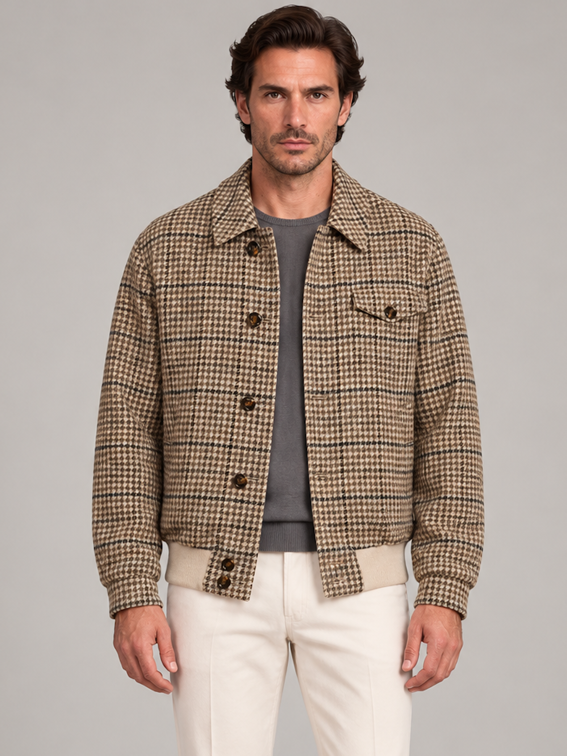 KITON KIRED "Zupo" Beige Plaid Reversible Double Face Wool Blouson Jacket