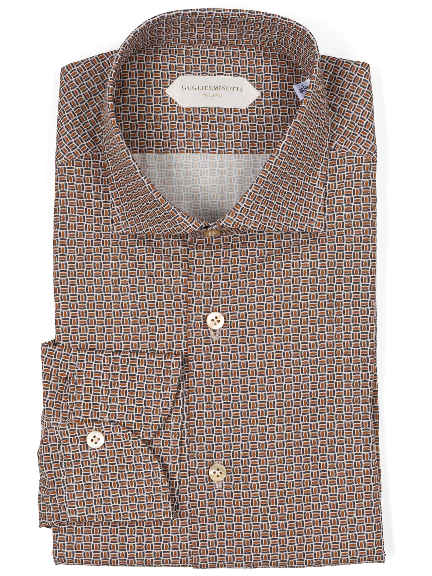 GUGLIELMINOTTI Milano Brown Geometric Cotton Dress Shirt NEW Slim Fit