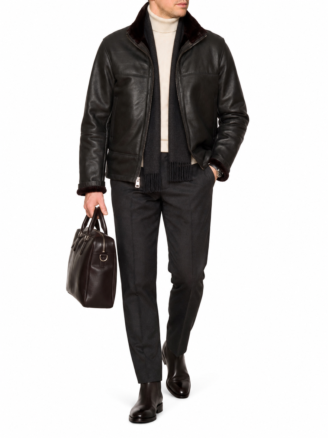 HETTABRETZ Black Shearling Biker Aviator Fur Lined Bomber Jacket Slim