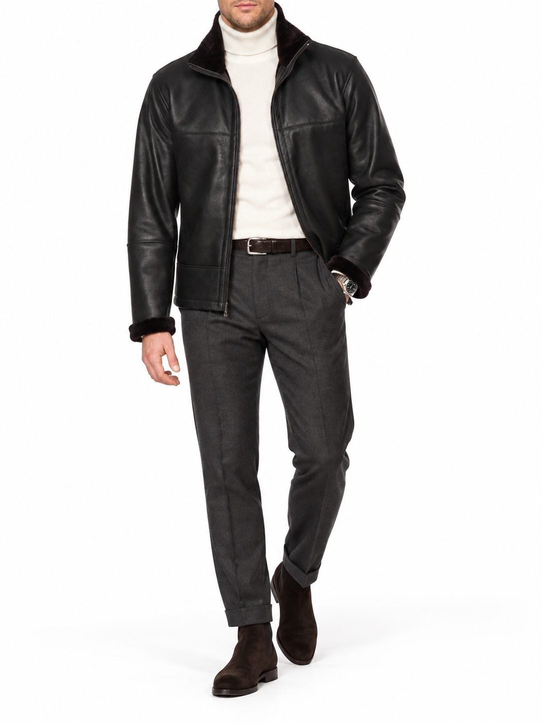 HETTABRETZ Black Shearling Biker Aviator Fur Lined Bomber Jacket Slim
