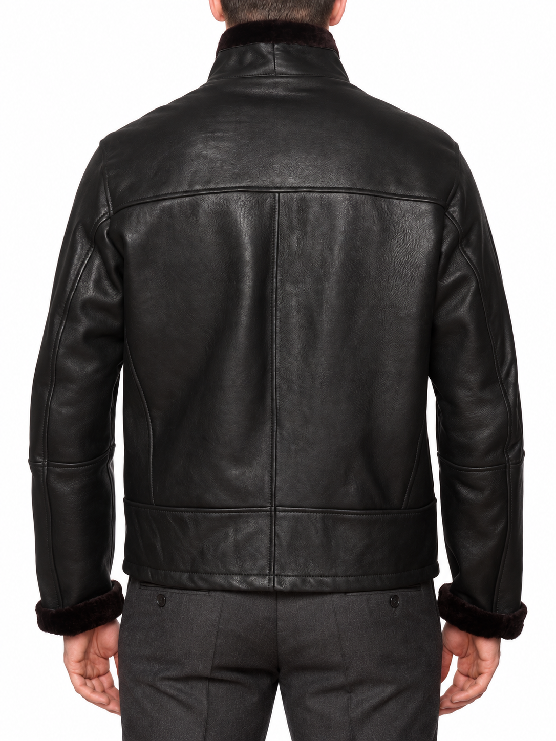 HETTABRETZ Black Shearling Biker Aviator Fur Lined Bomber Jacket Slim