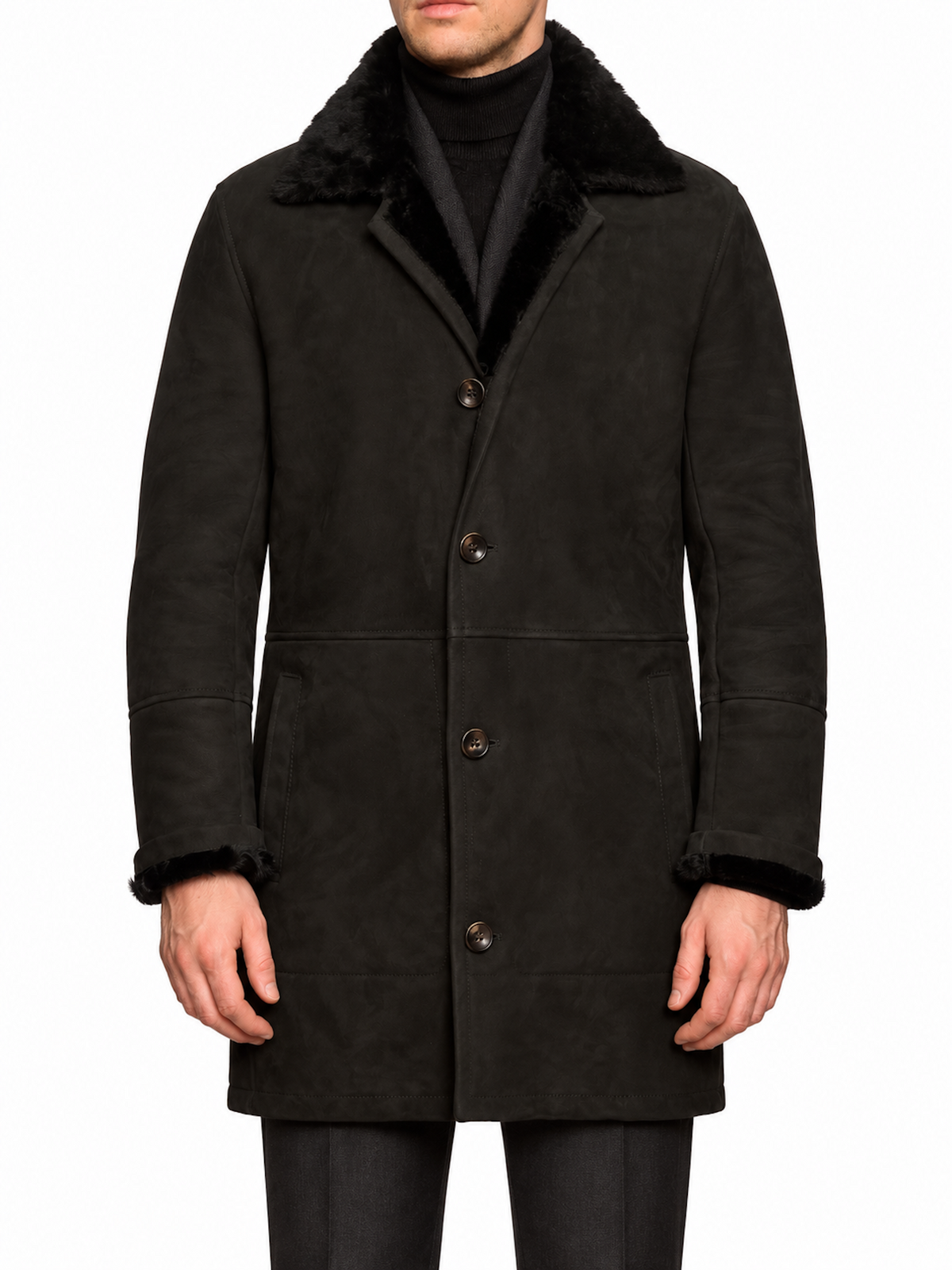 HETTABRETZ Black Suede Shearling Leather Fur Coat Overcoat