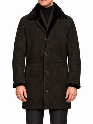 HETTABRETZ Black Suede Shearling Leather Fur Coat Overcoat