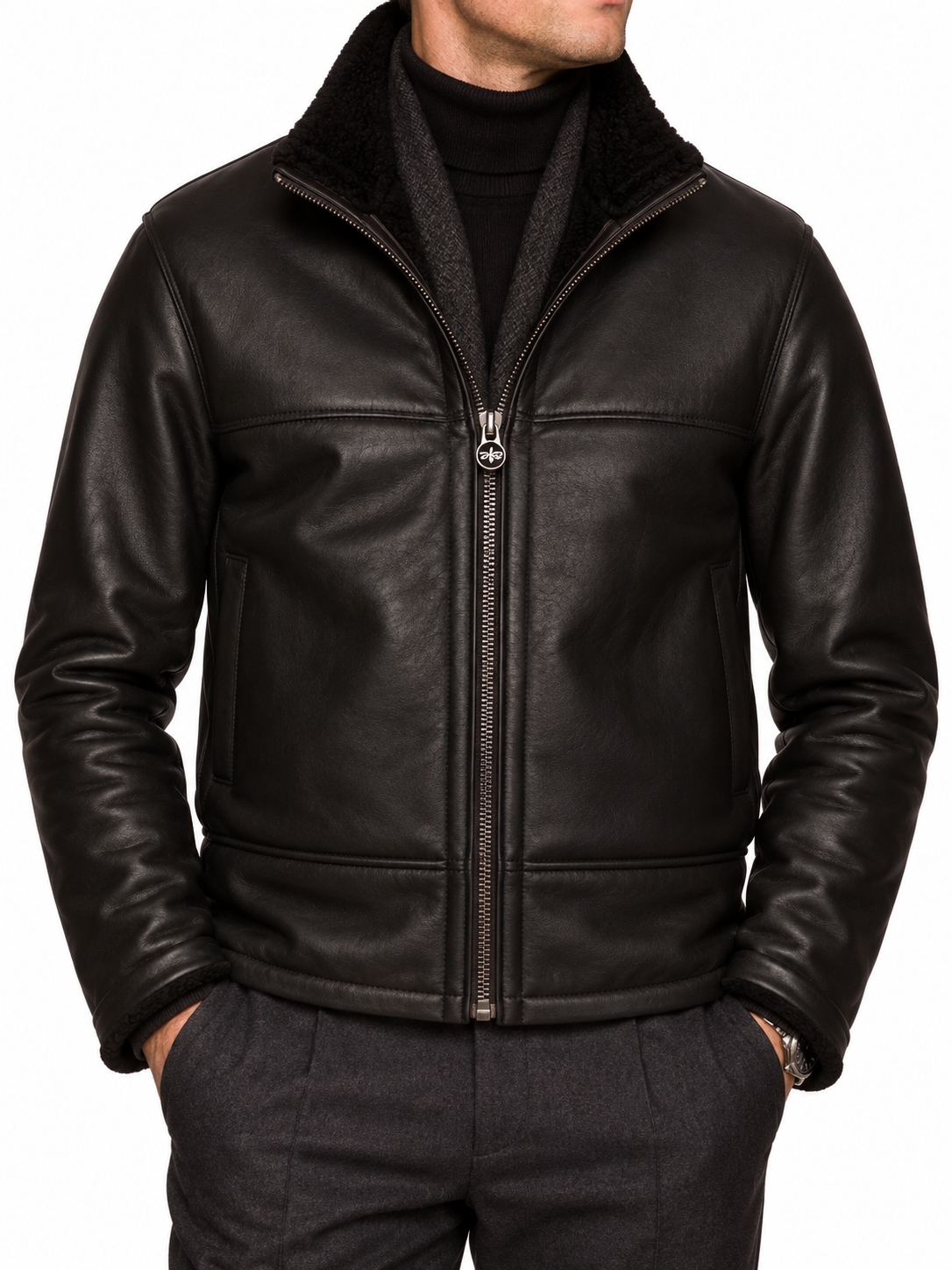 HETTABRETZ Black Shearling Biker Aviator Fur Lined Bomber Jacket Slim