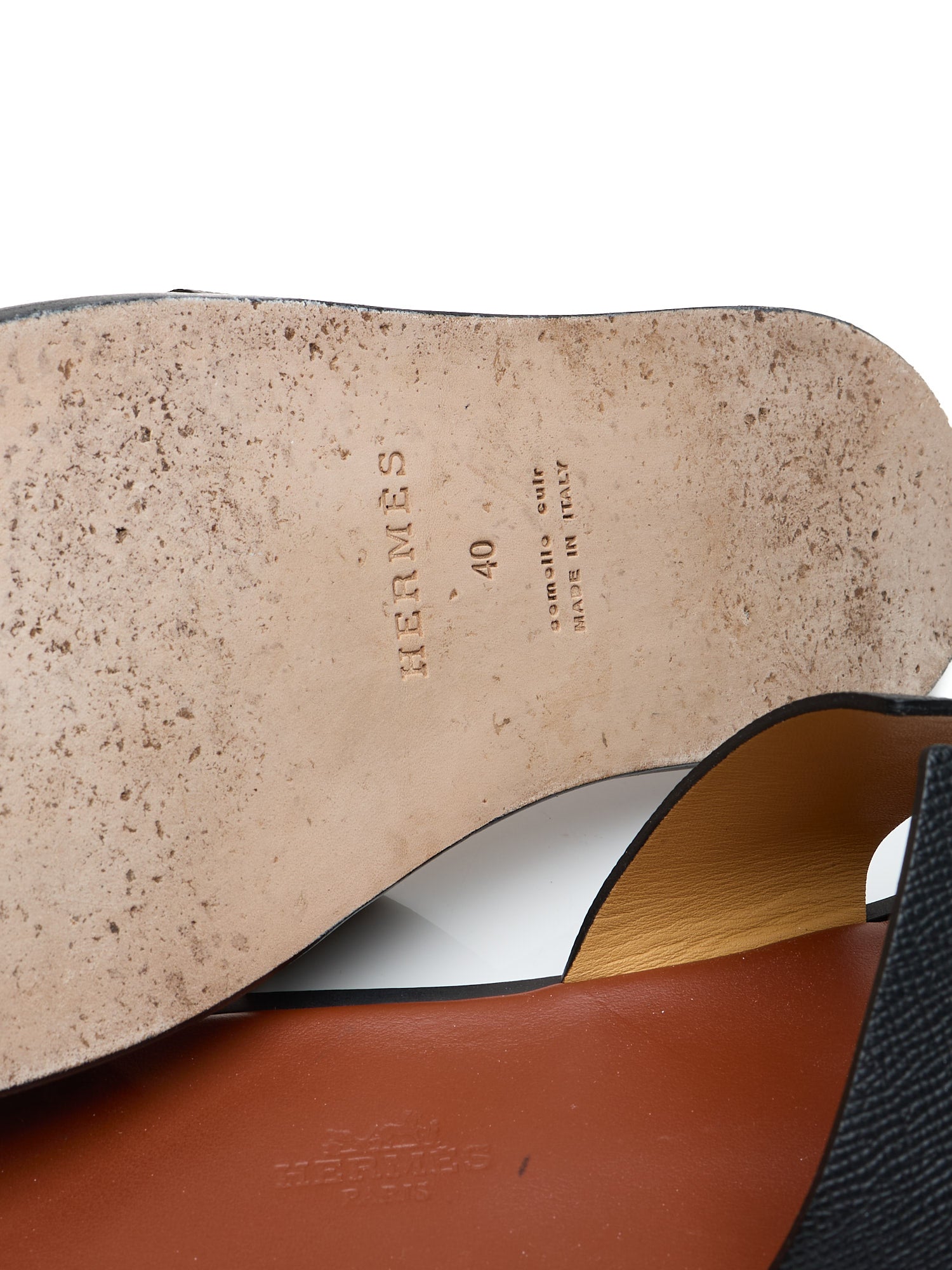 HERMES Izmir Black EpsomLeather ''H'' Cut-out Calfskin Sandals