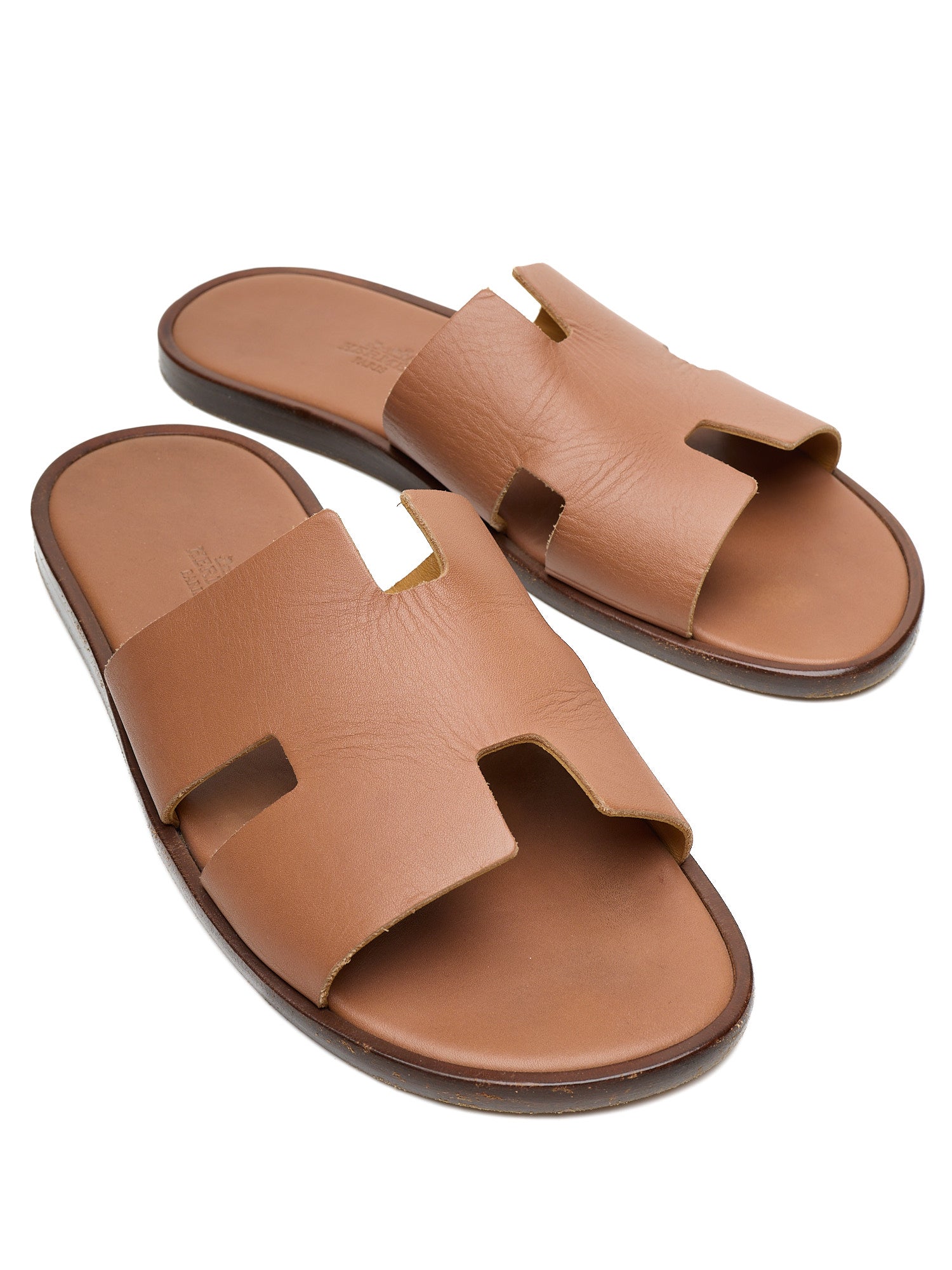 HERMES Izmir "Gold" Brown ''H'' Cut-out Calfskin Sandals