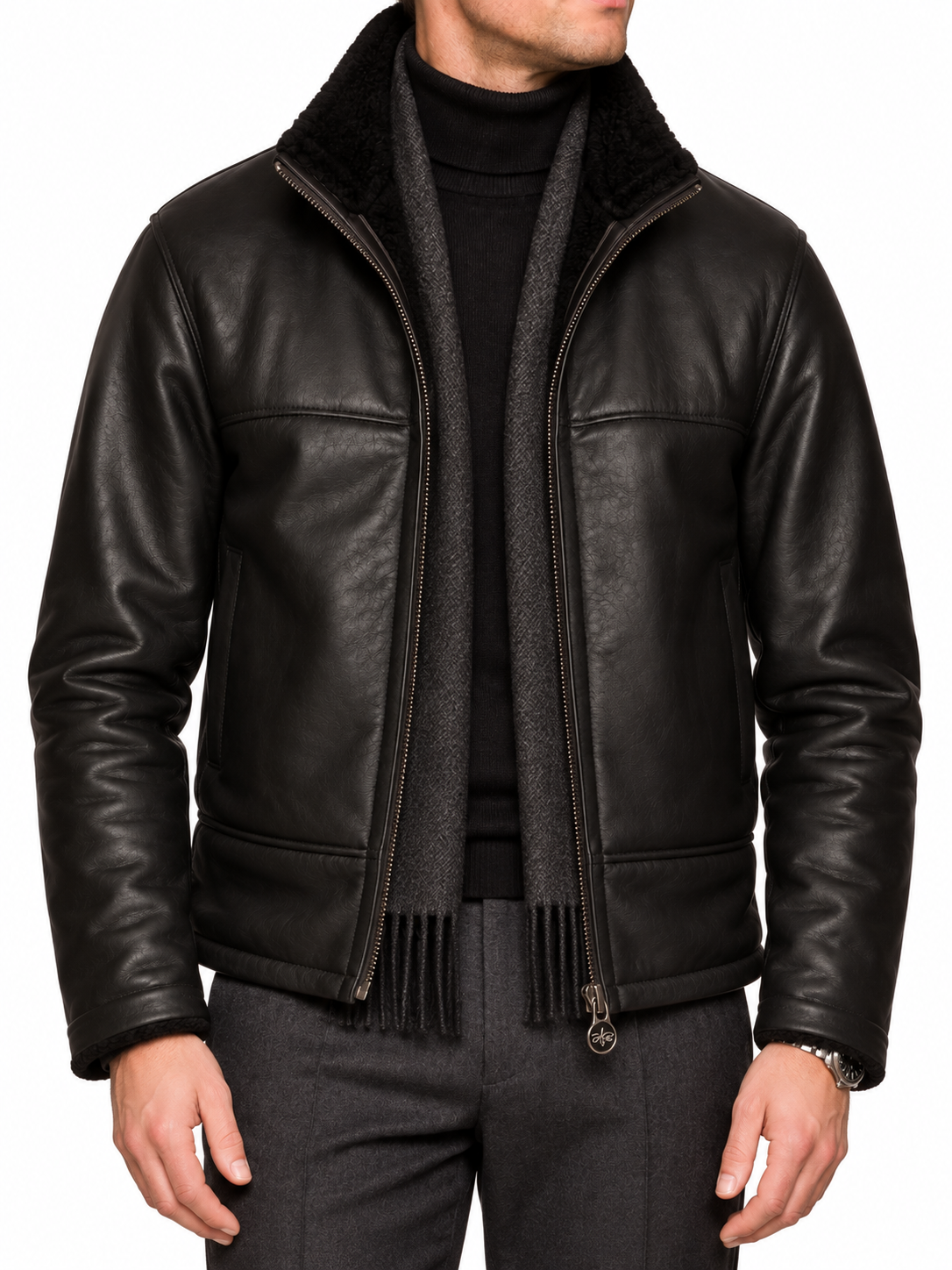 HETTABRETZ Black Shearling Biker Aviator Fur Lined Bomber Jacket Slim