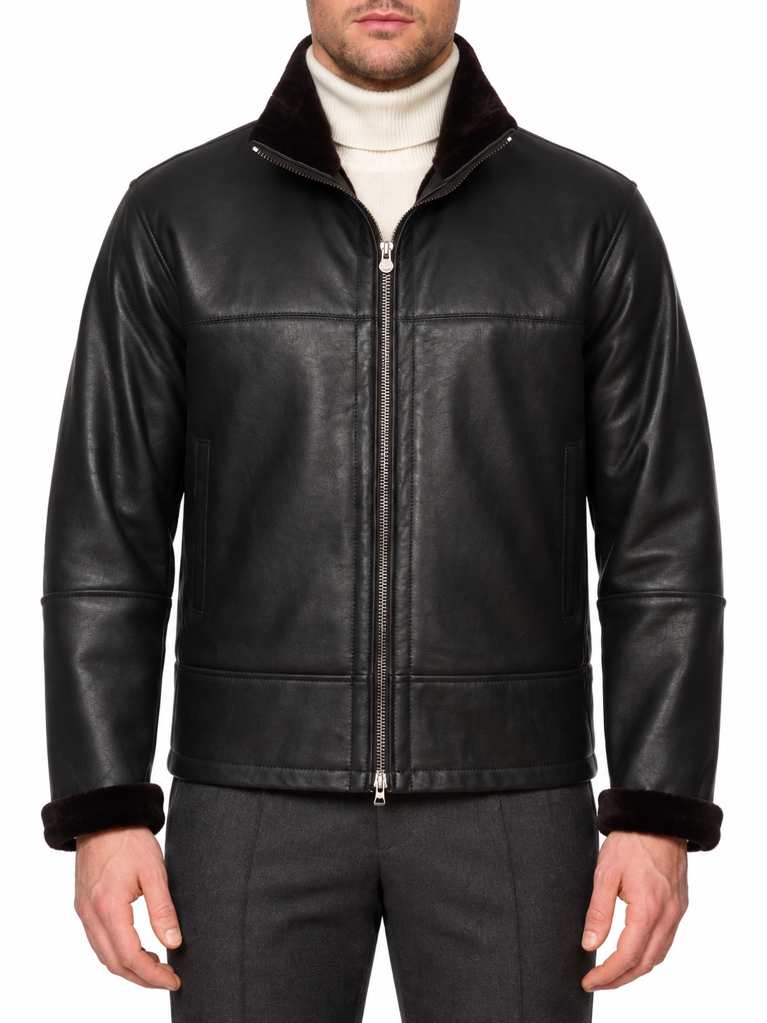 HETTABRETZ Black Shearling Biker Aviator Fur Lined Bomber Jacket Slim