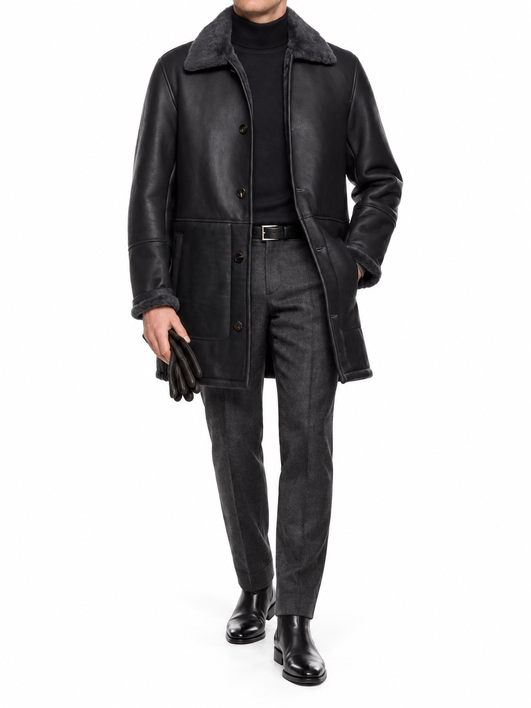 HETTABRETZ Smoke Gray Nappa Leather Shearling Mouton Coat