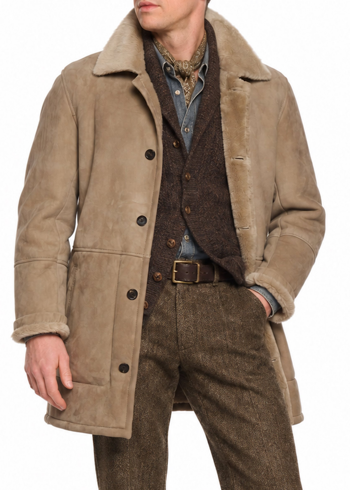 HETTABRETZ Taupe Suede Shearling Leather Fur Coat Overcoat