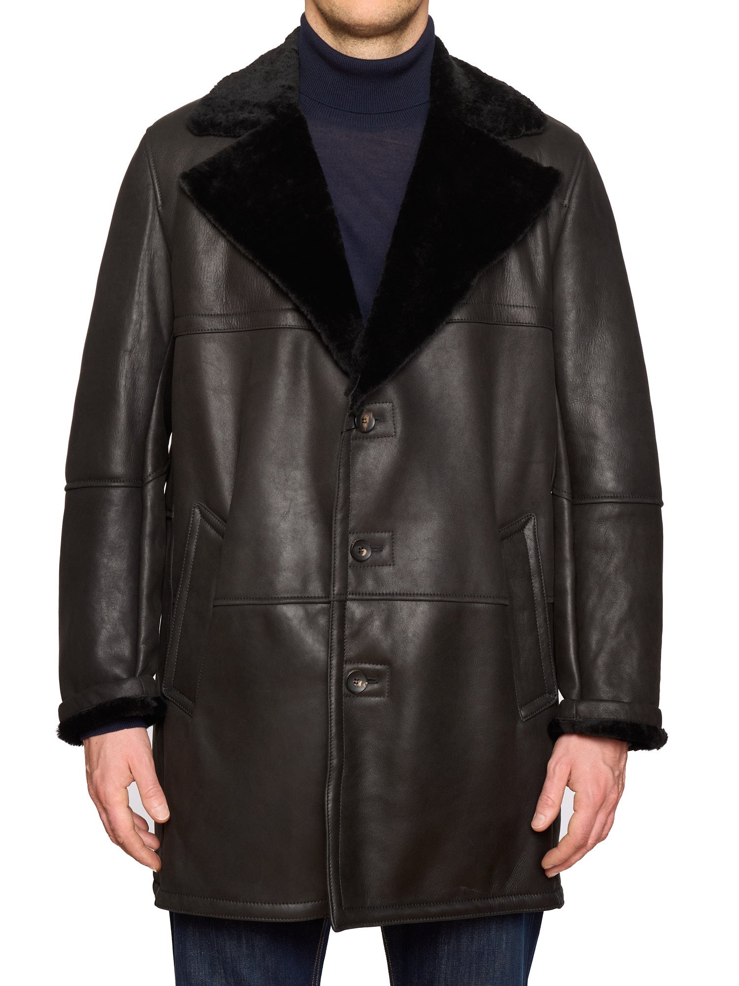 HETTABRETZ Black Leather Mouton Fur Lined Shearling Coat