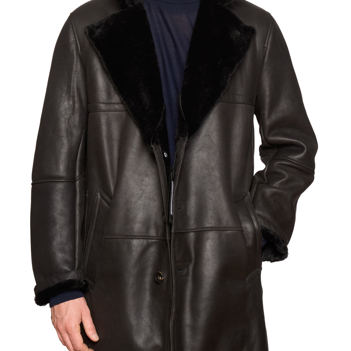 HETTABRETZ Black Leather Mouton Fur Lined Shearling Coat