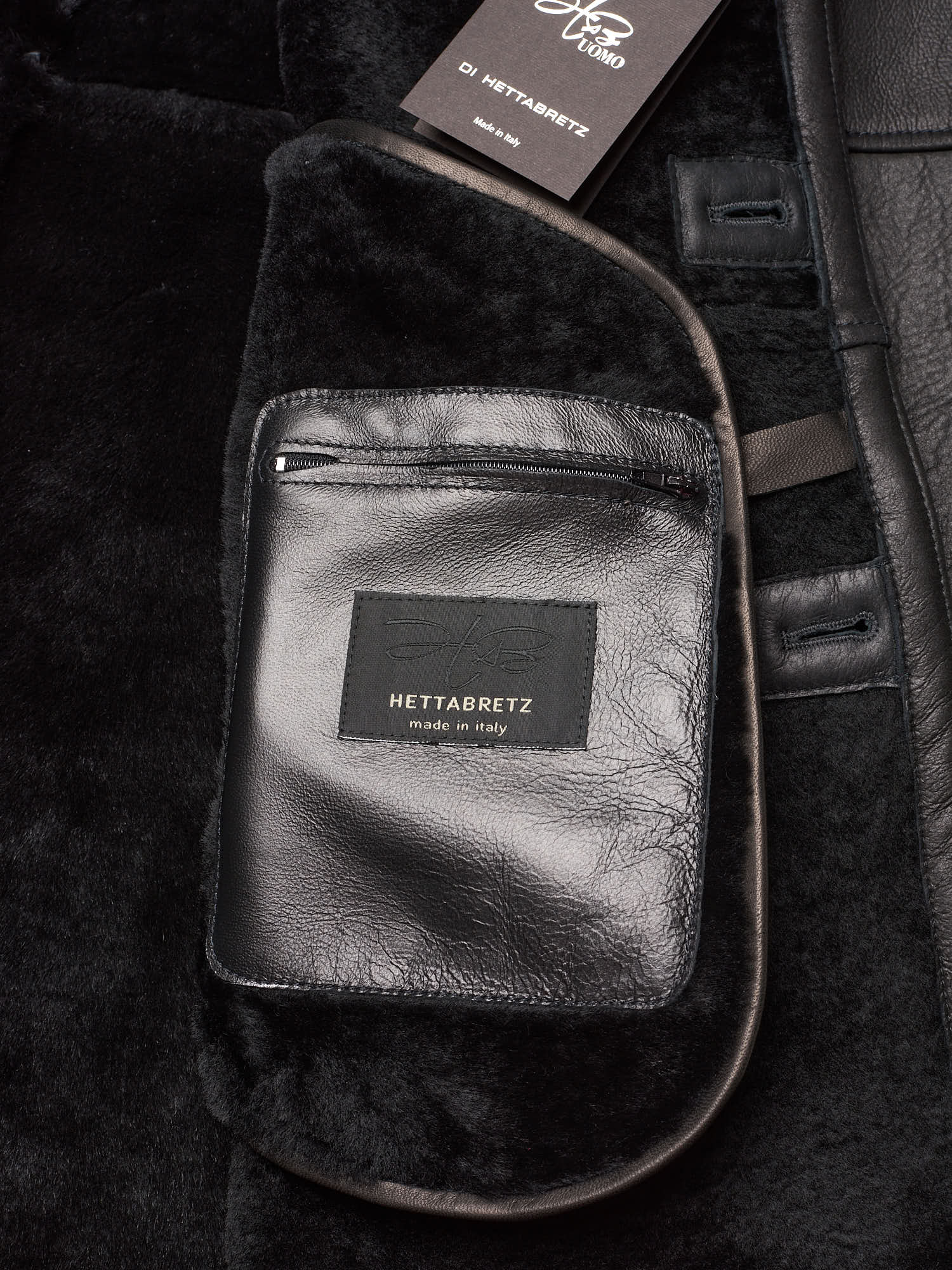 HETTABRETZ Black Leather Mouton Fur Lined Shearling Coat