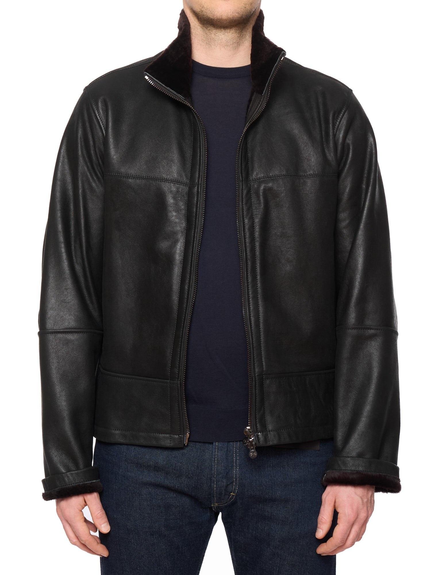 HETTABRETZ Black Shearling Biker Aviator Fur Lined Bomber Jacket Slim
