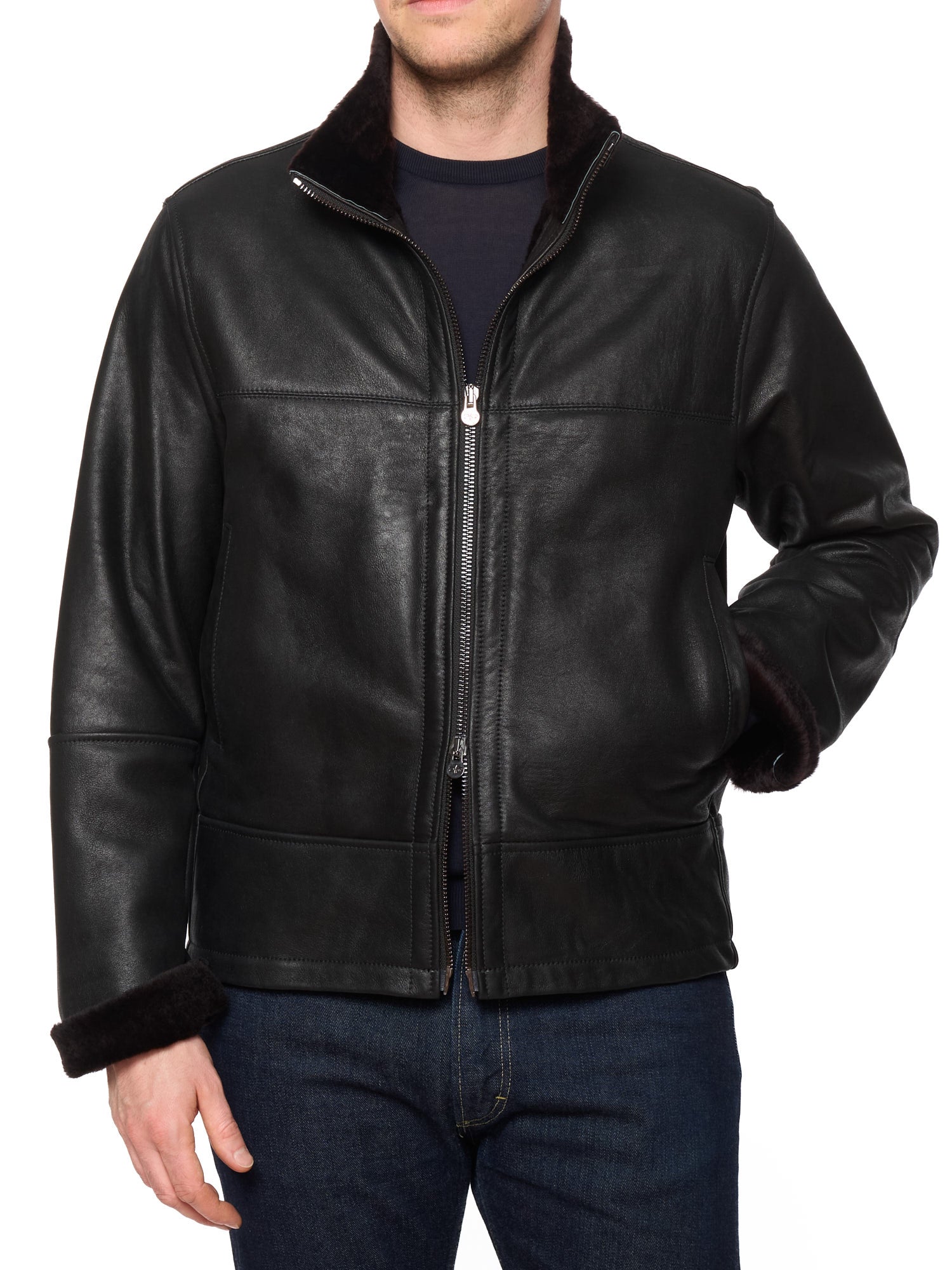 HETTABRETZ Black Shearling Biker Aviator Fur Lined Bomber Jacket Slim