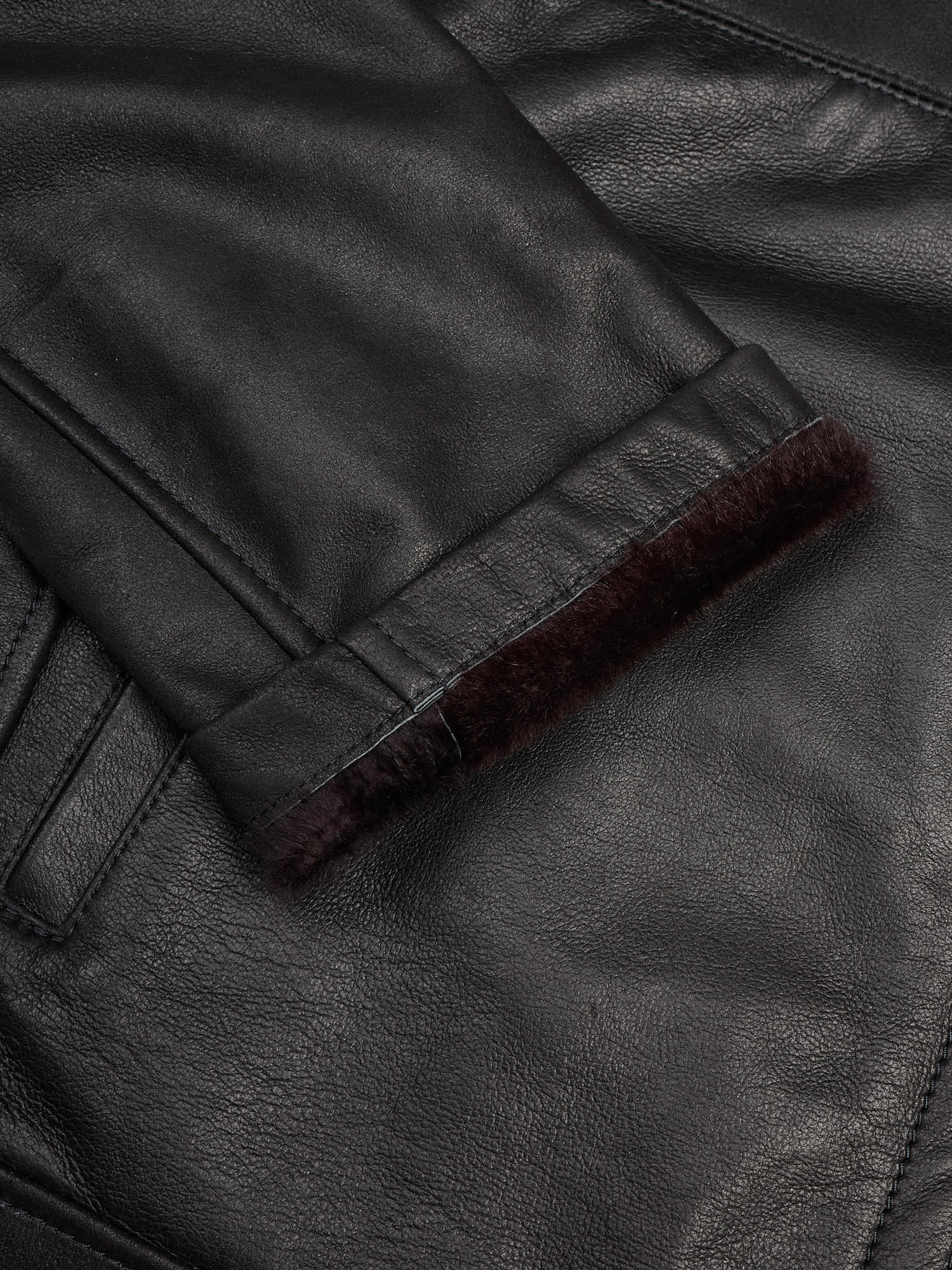 HETTABRETZ Black Shearling Biker Aviator Fur Lined Bomber Jacket Slim