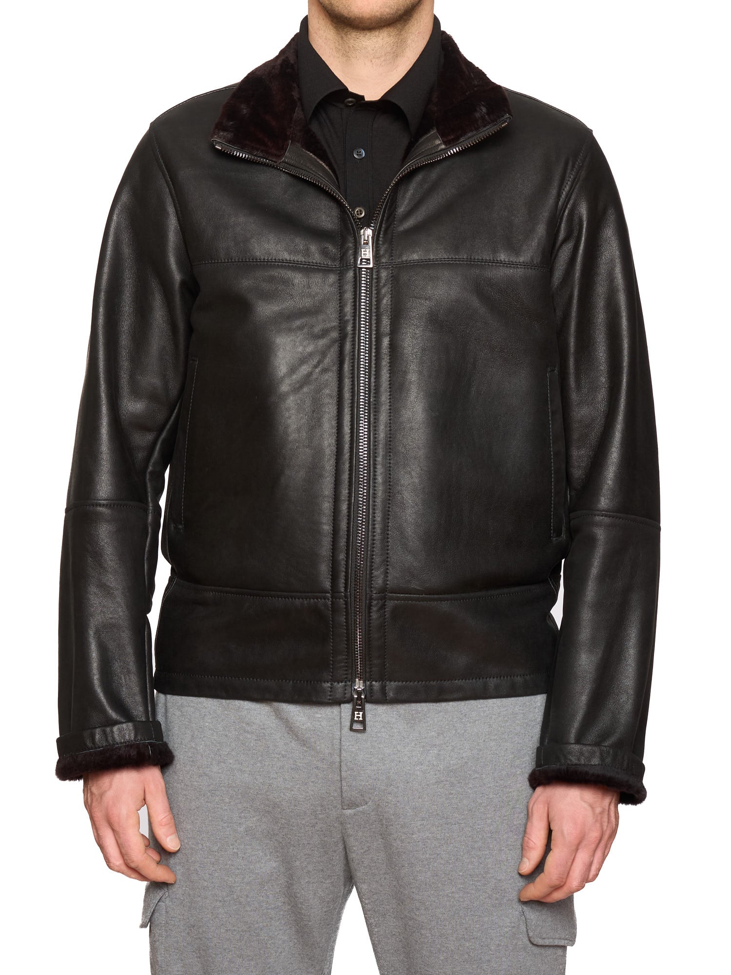 HETTABRETZ Black Shearling Biker Aviator Fur Lined Bomber Jacket Slim