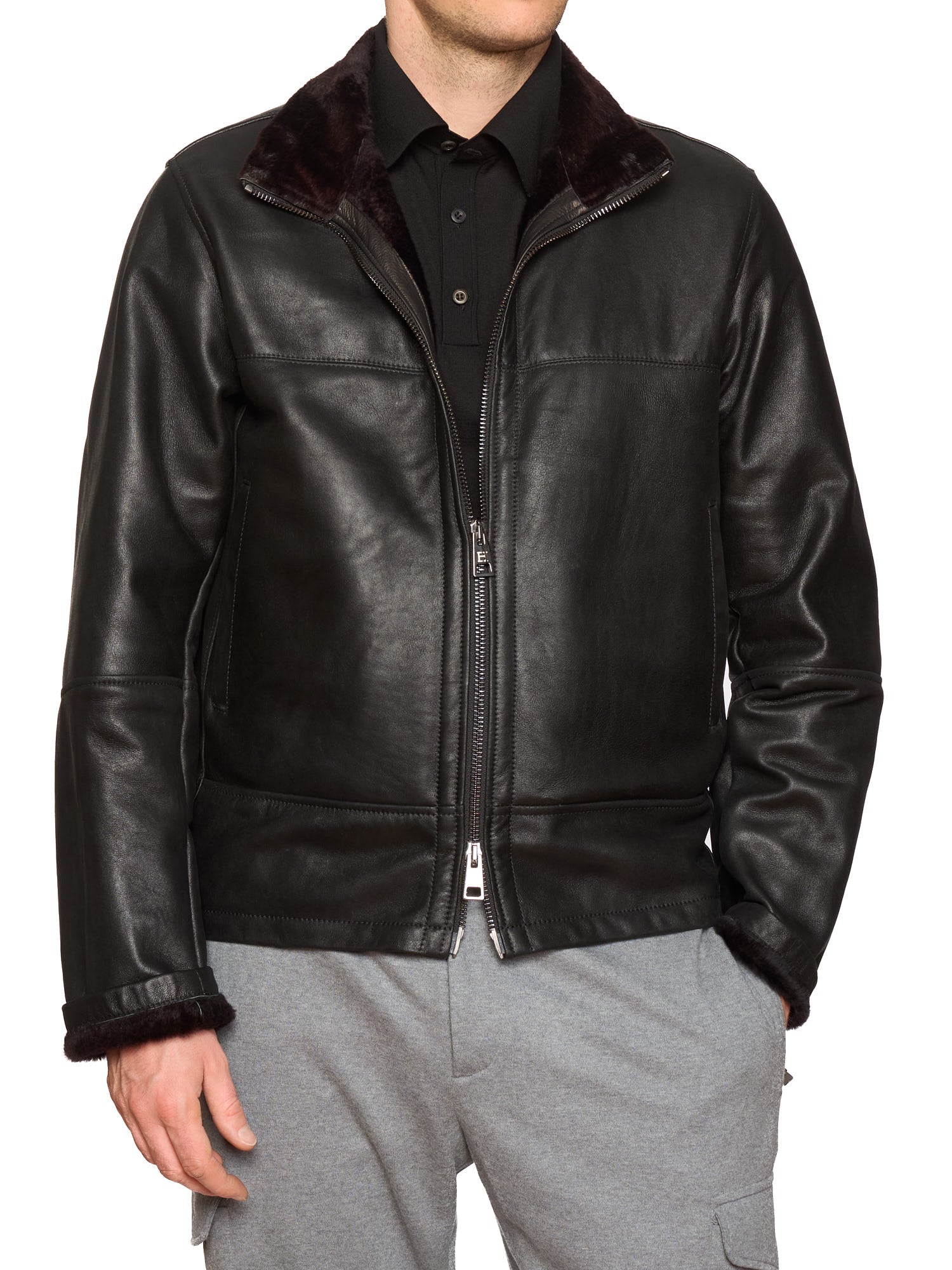 HETTABRETZ Black Shearling Biker Aviator Fur Lined Bomber Jacket Slim