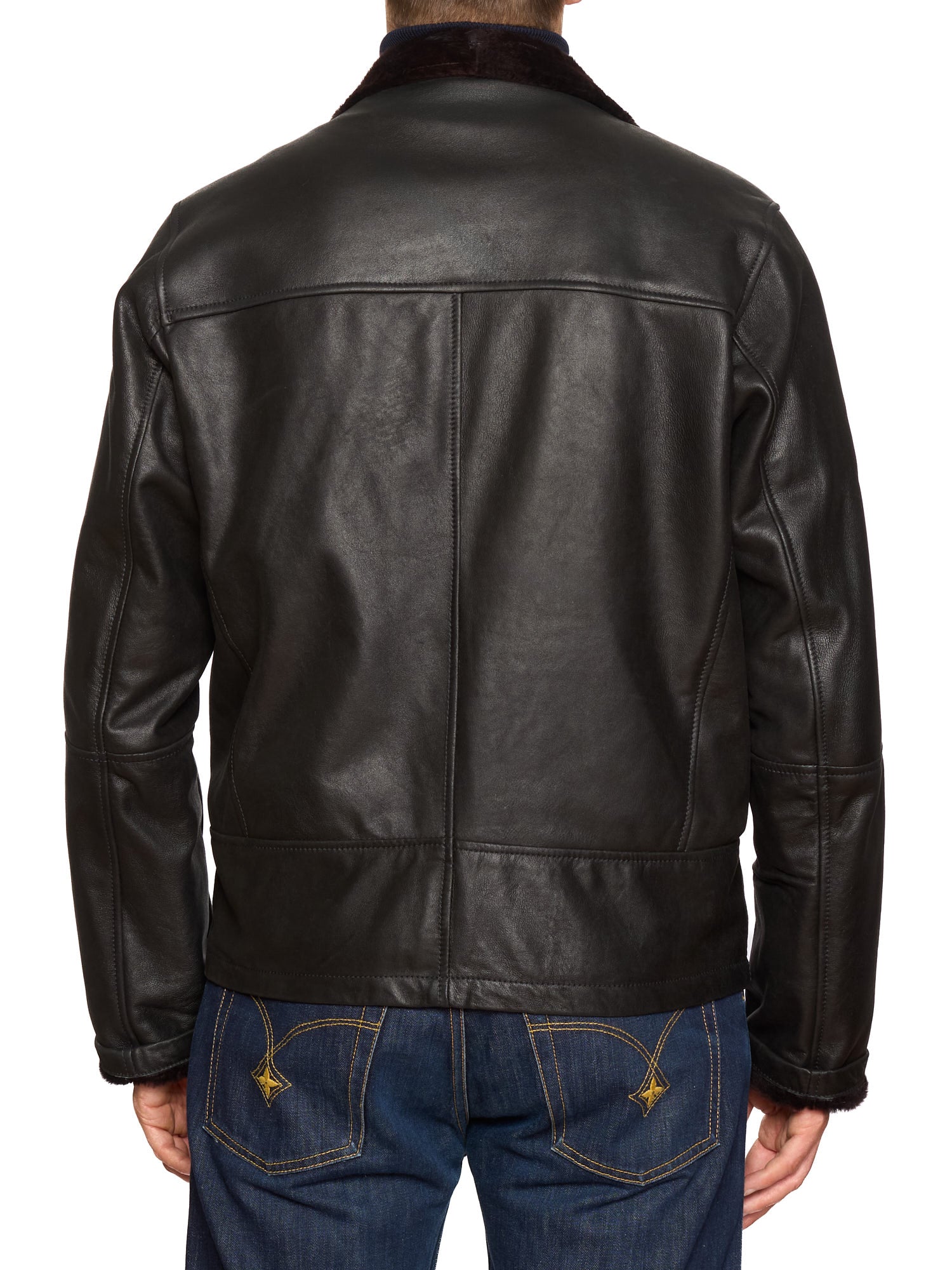 HETTABRETZ Black Shearling Biker Aviator Fur Lined Bomber Jacket Slim