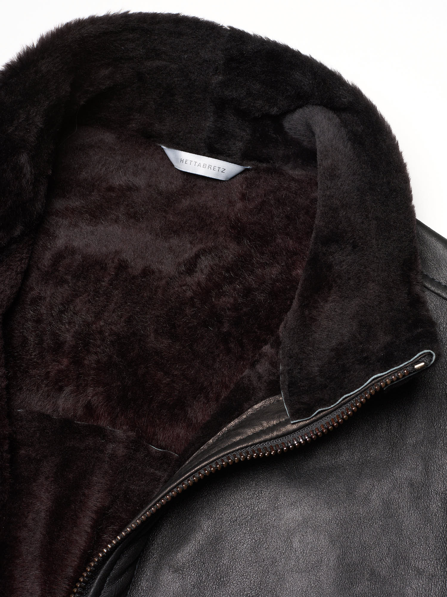 HETTABRETZ Black Shearling Biker Aviator Fur Lined Bomber Jacket Slim