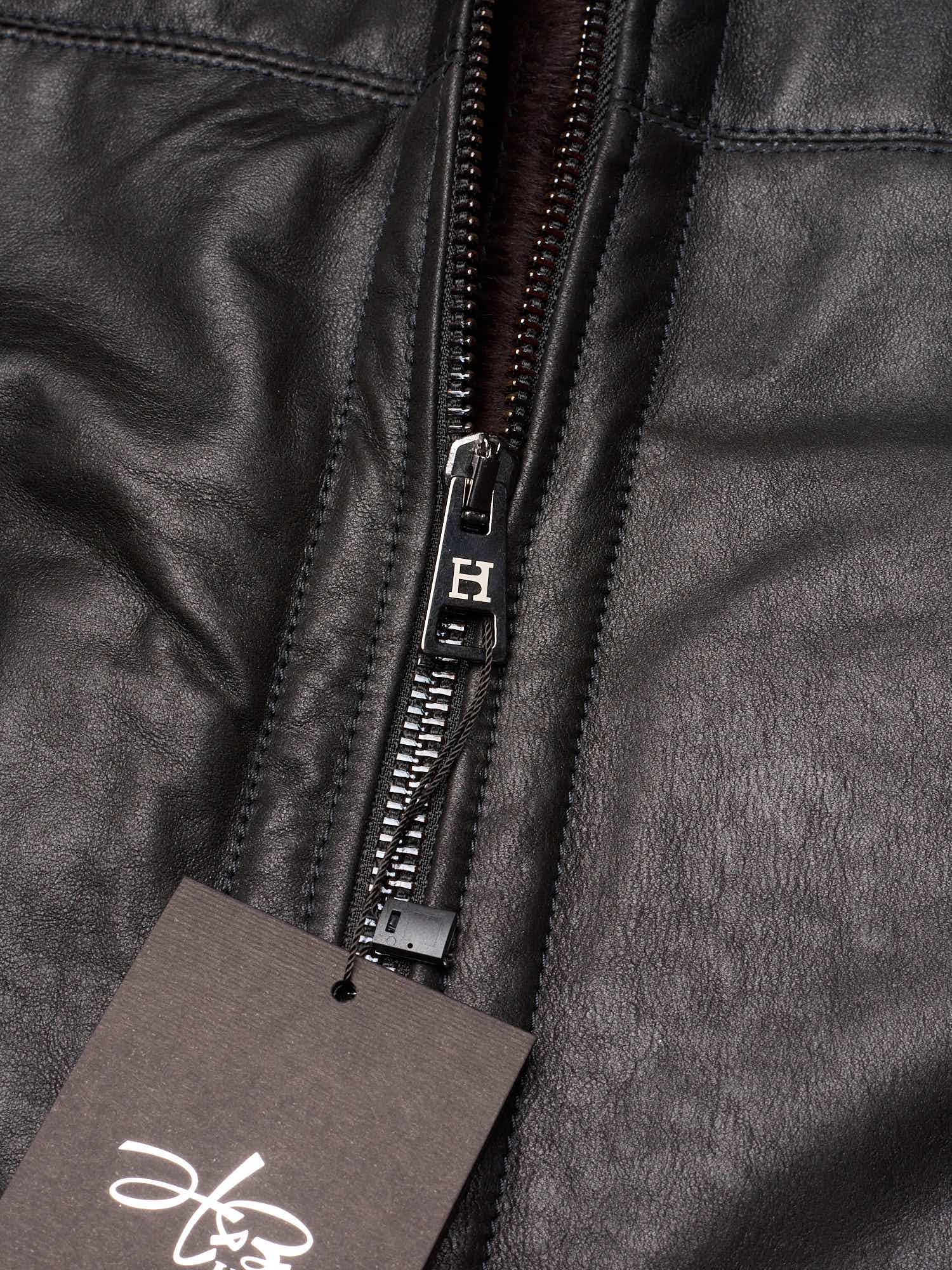 HETTABRETZ Black Shearling Biker Aviator Fur Lined Bomber Jacket Slim