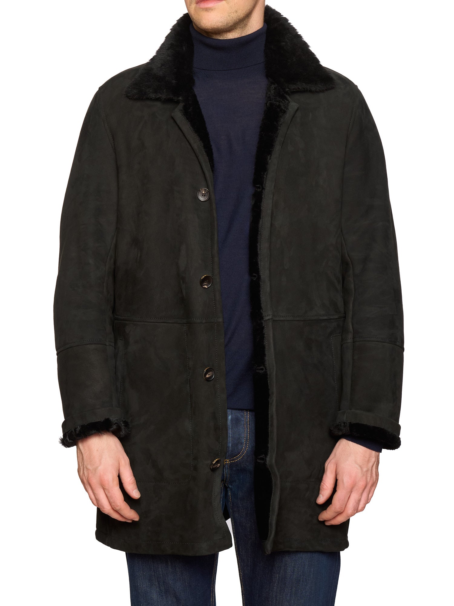 HETTABRETZ Black Suede Shearling Leather Fur Coat Overcoat