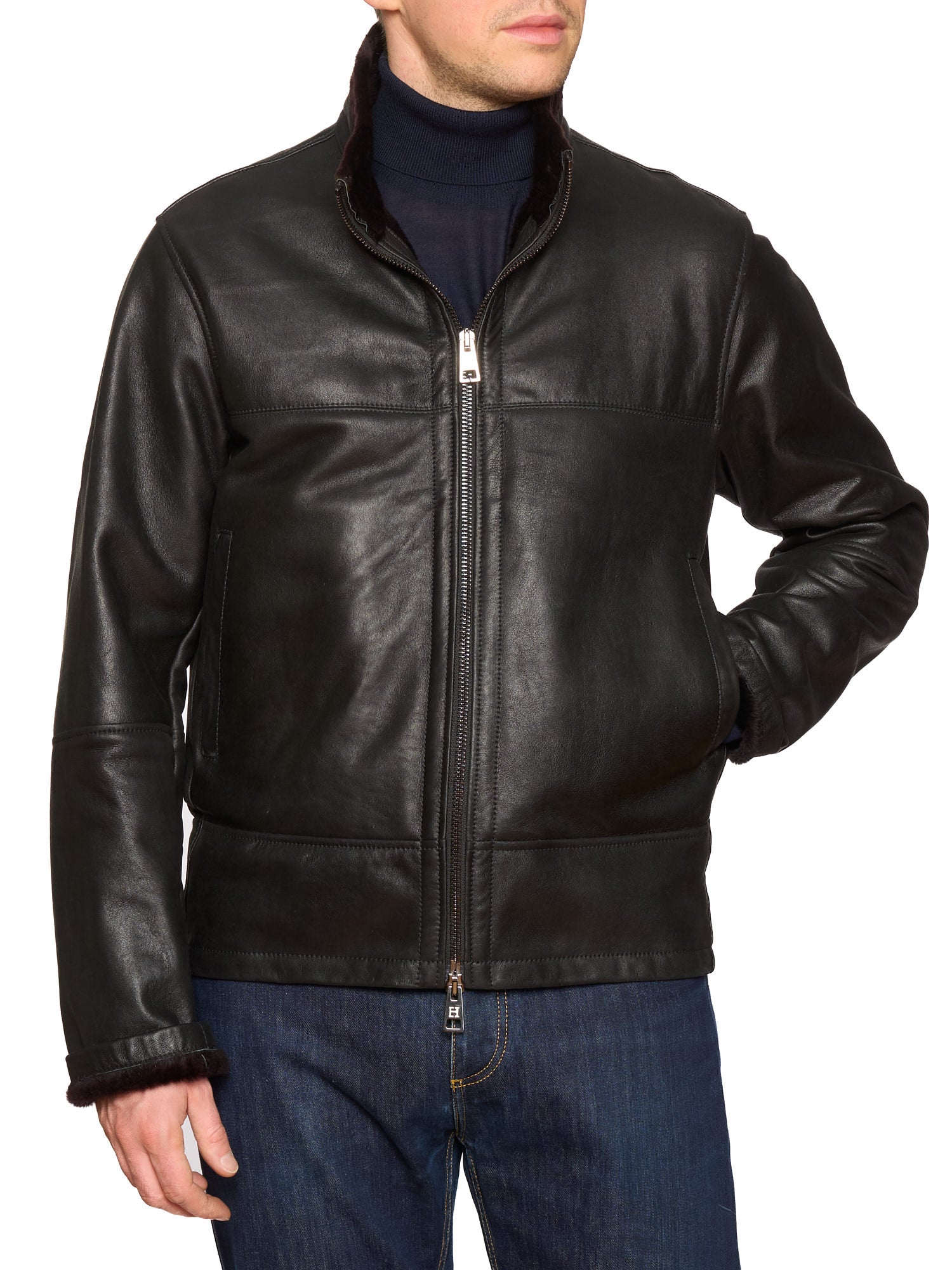 HETTABRETZ Black Shearling Biker Aviator Fur Lined Bomber Jacket Slim