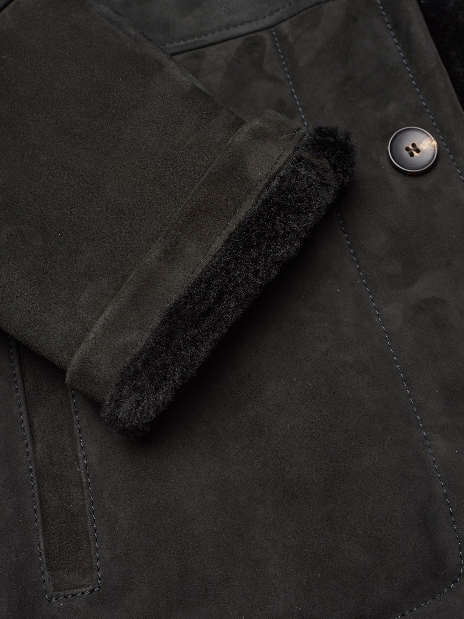 HETTABRETZ Black Suede Shearling Leather Fur Coat Overcoat