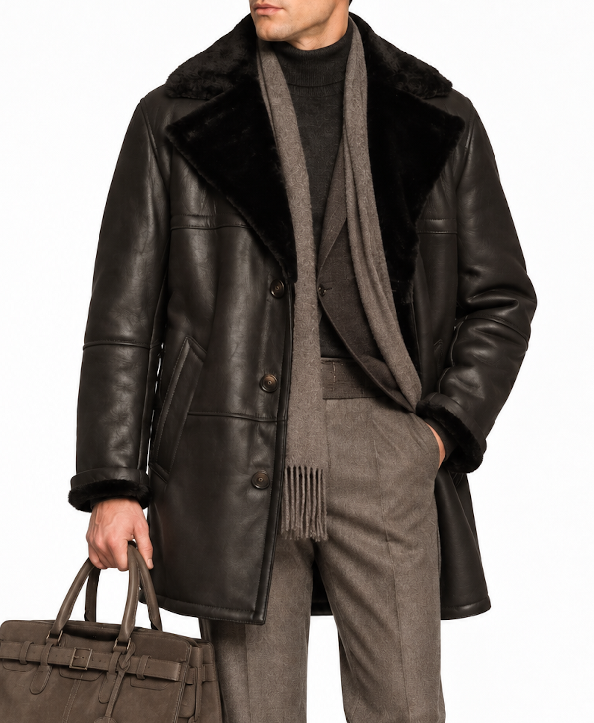 HETTABRETZ Black Leather Mouton Fur Lined Shearling Coat