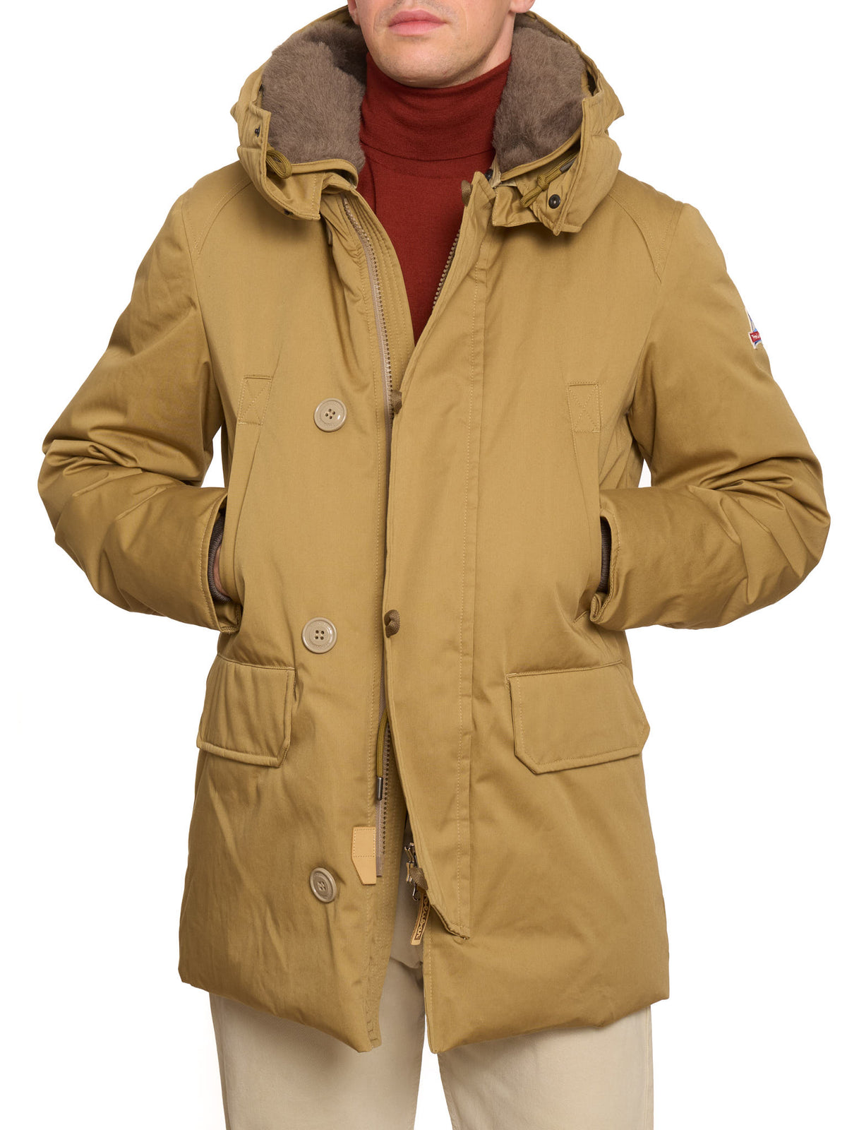 HOLUBAR "Boulder" Tan Cotton Down Filled Parka Jacket Alpaca Mohair NEW