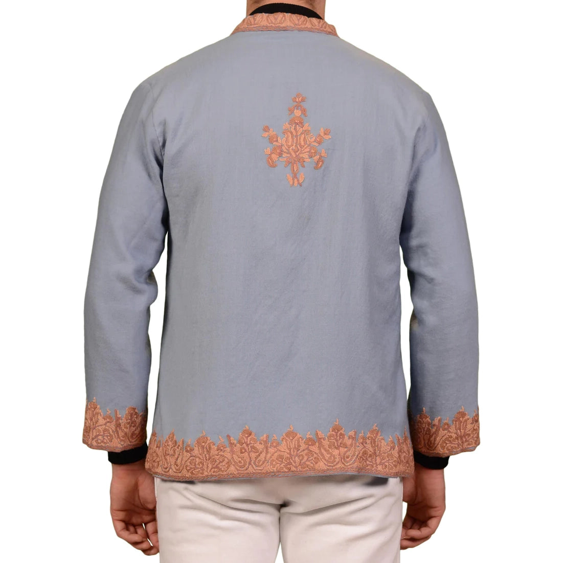JAY KOS Light Blue Floral Hand Embroidered Merino Wool Kaftan Jacket EU 52 US 42