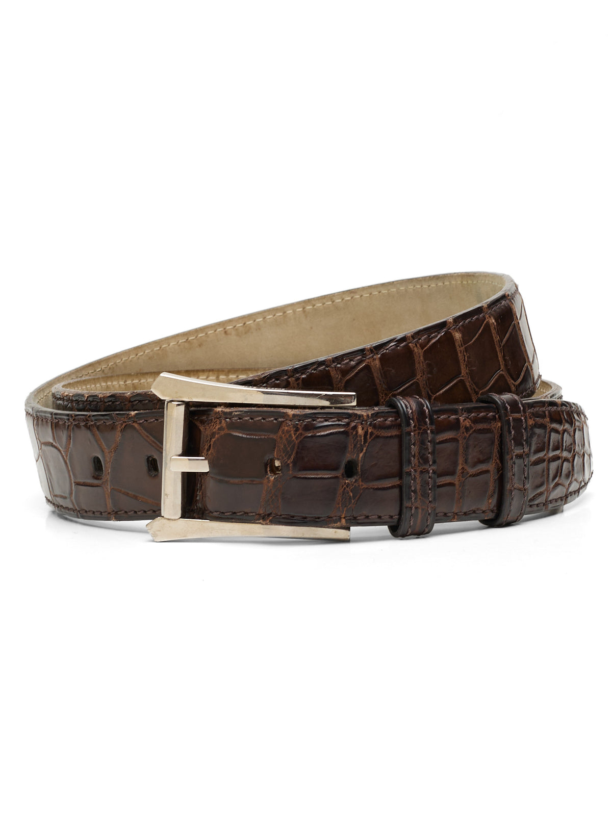 JOHN LOBB Dark Brown Crocodile Leather Silver-Tone Buckle Belt 95cm 38"