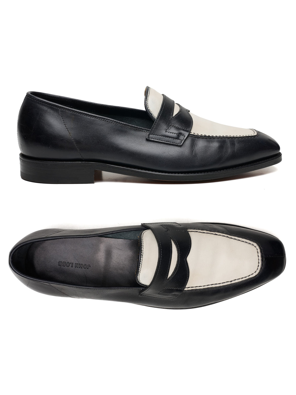 JOHN LOBB "Ashley" Black-White Leather Penny Loafers