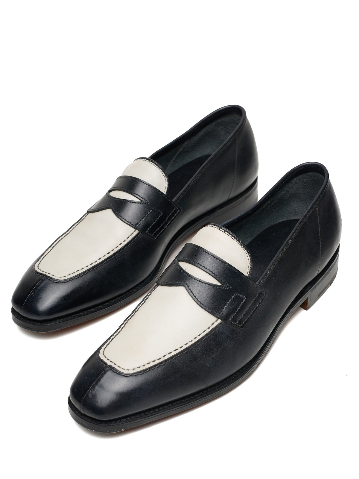 JOHN LOBB "Ashley" Black-White Leather Penny Loafers