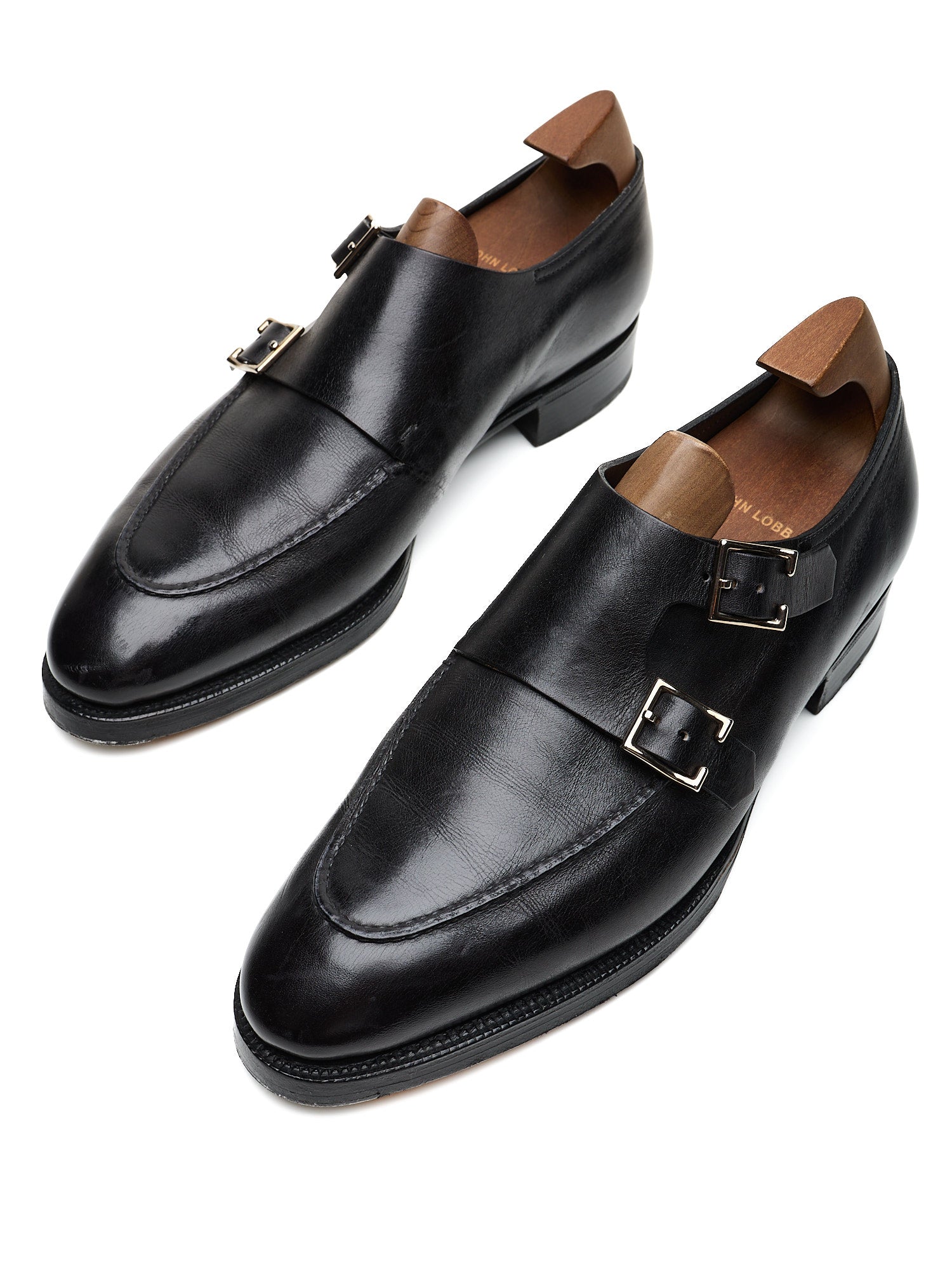 JOHN LOBB "Hayes" Black Leather Double Monk Apron Shoes