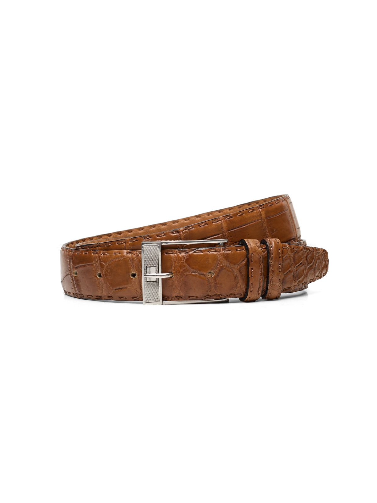 KITON Hand-Stitched Cognac Brown Crocodile Leather Sterling Silver Buckle Belt 95cm 38"