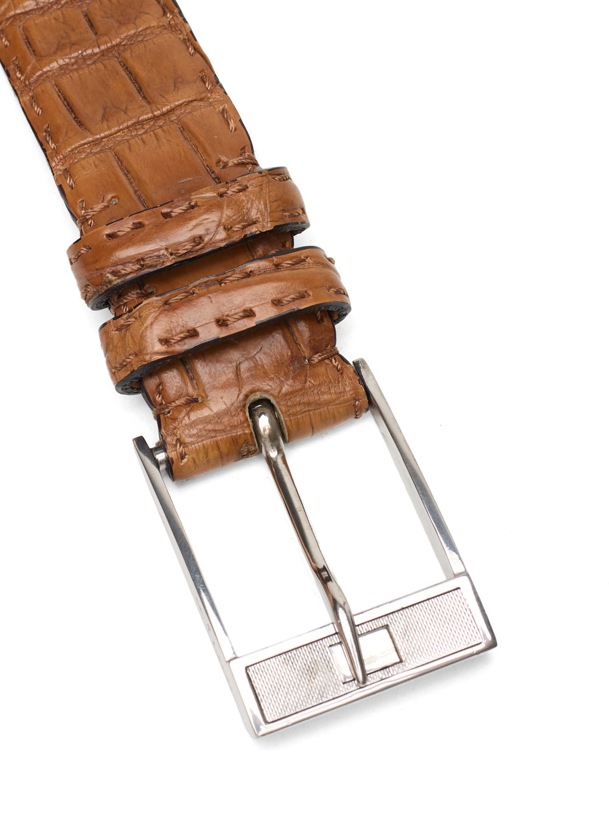 KITON Hand-Stitched Cognac Brown Crocodile Leather Sterling Silver Buckle Belt 95cm 38"