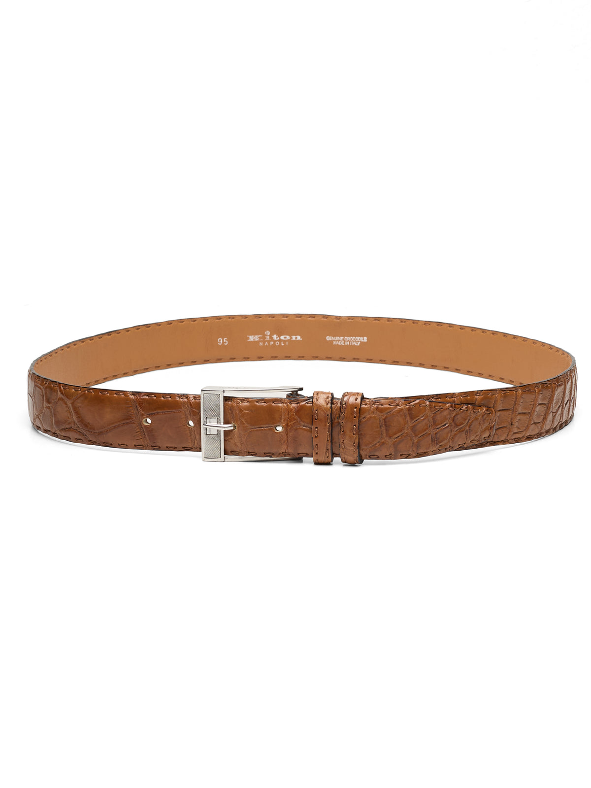 KITON Hand-Stitched Cognac Brown Crocodile Leather Sterling Silver Buckle Belt 95cm 38"