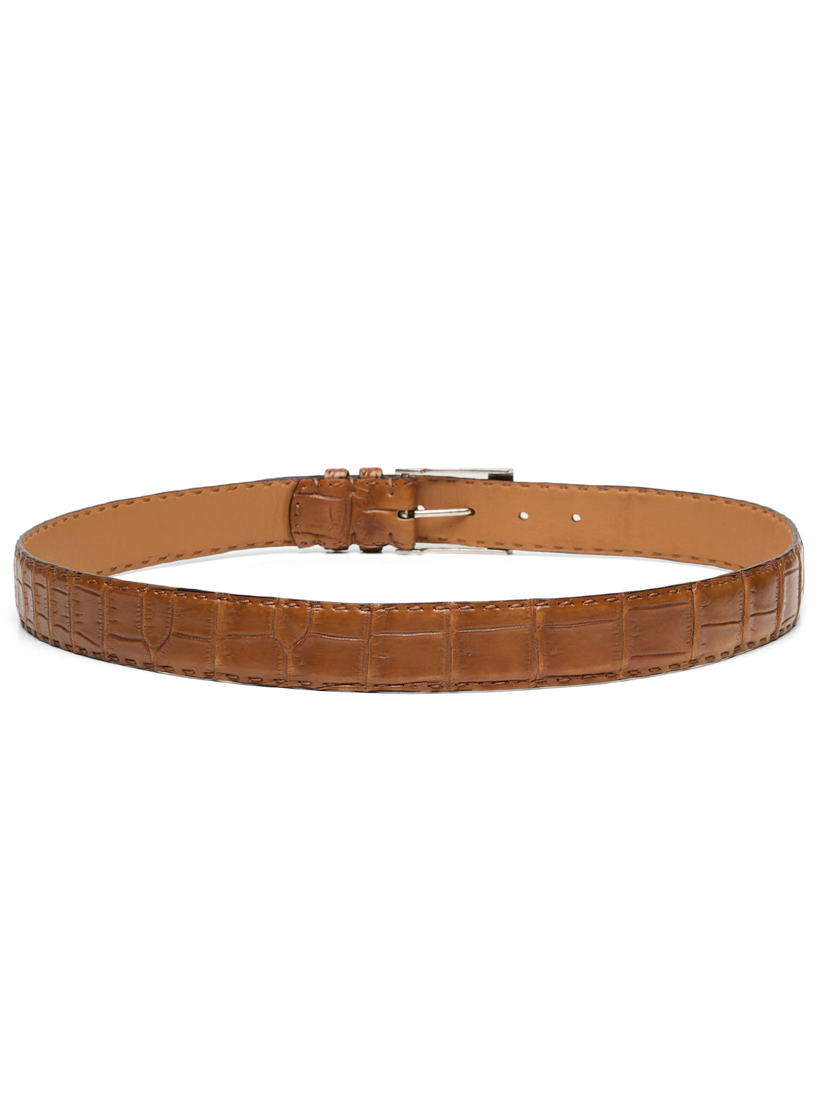 KITON Hand-Stitched Cognac Brown Crocodile Leather Sterling Silver Buckle Belt 95cm 38"