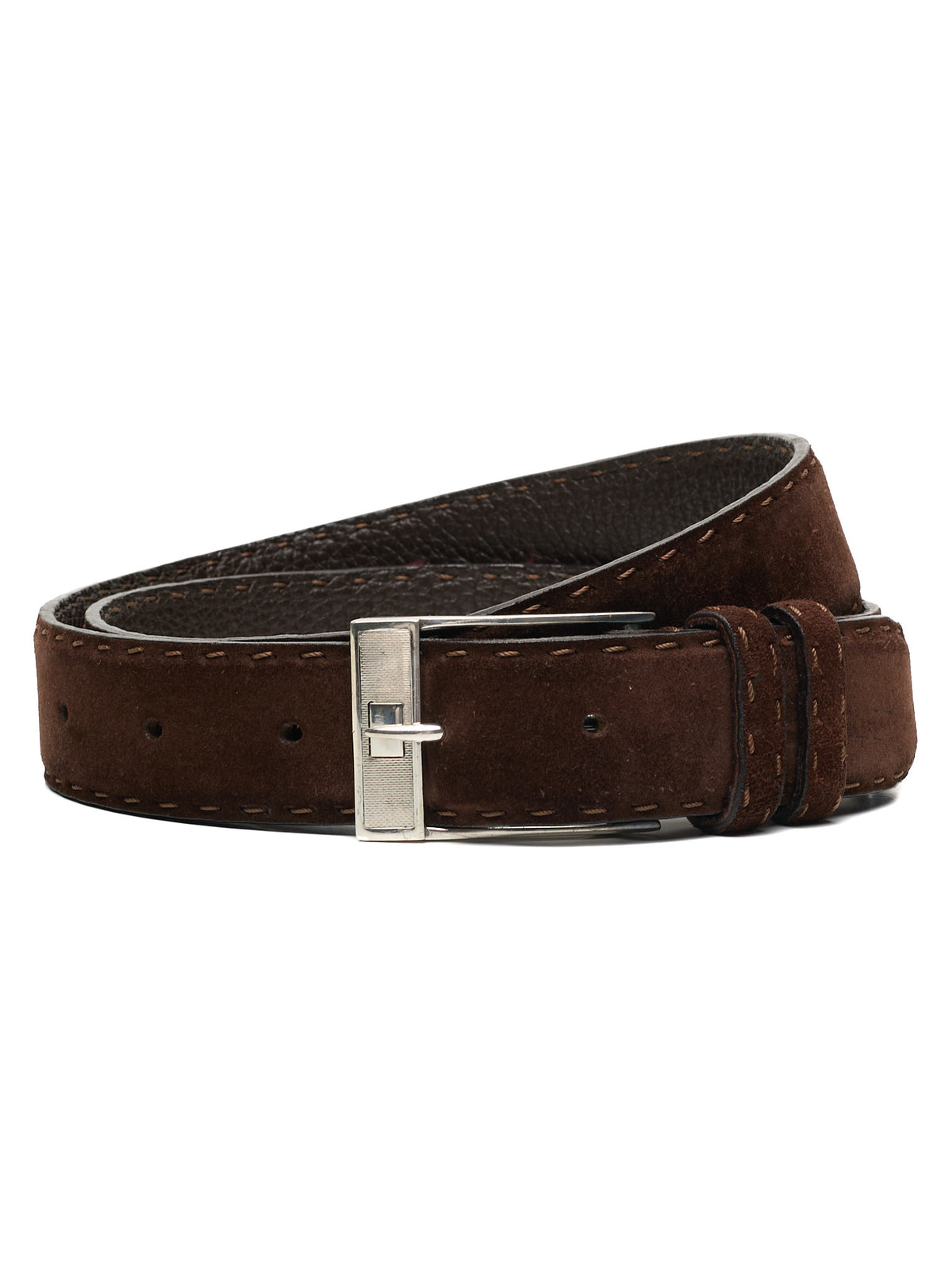 KITON Hand-Stitched Dark Brown Suede Leather Sterling Silver Buckle Belt 95cm 38"