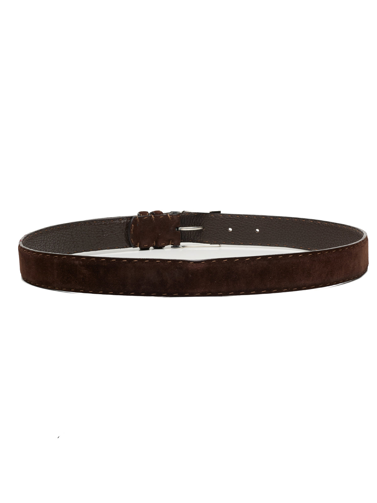 KITON Hand-Stitched Dark Brown Suede Leather Sterling Silver Buckle Belt 95cm 38"