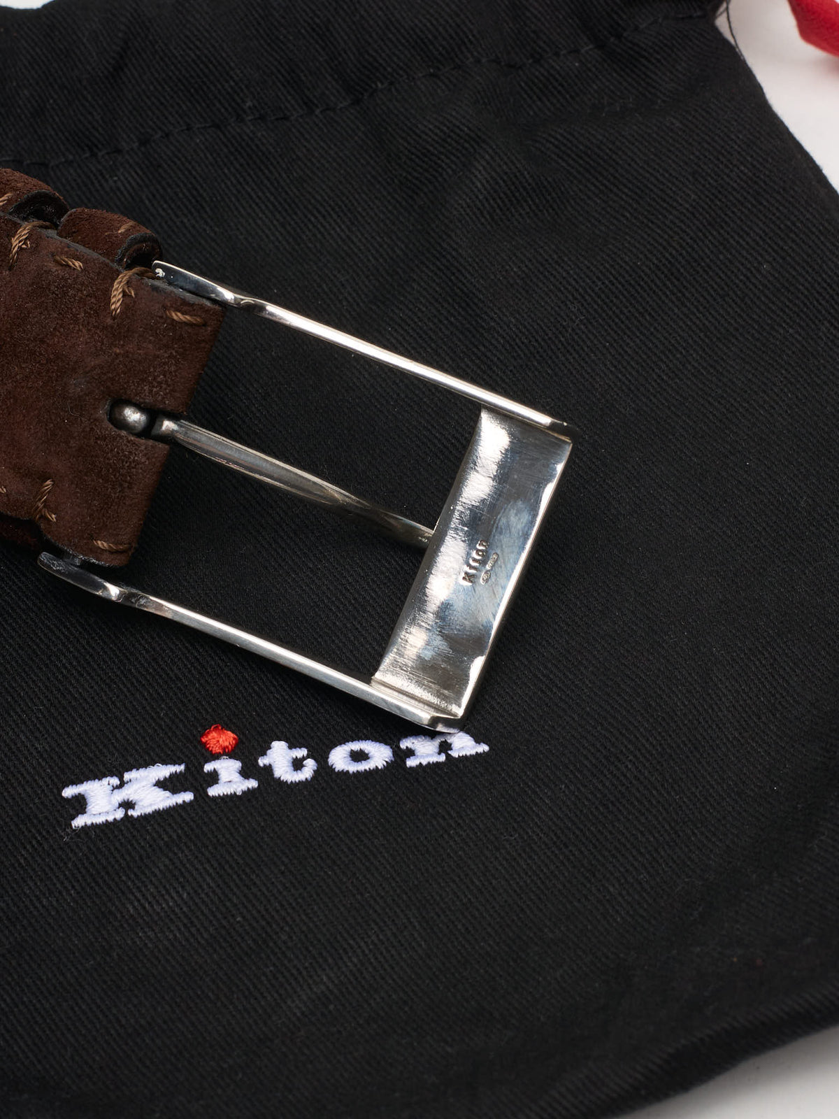 KITON Hand-Stitched Dark Brown Suede Leather Sterling Silver Buckle Belt 95cm 38"