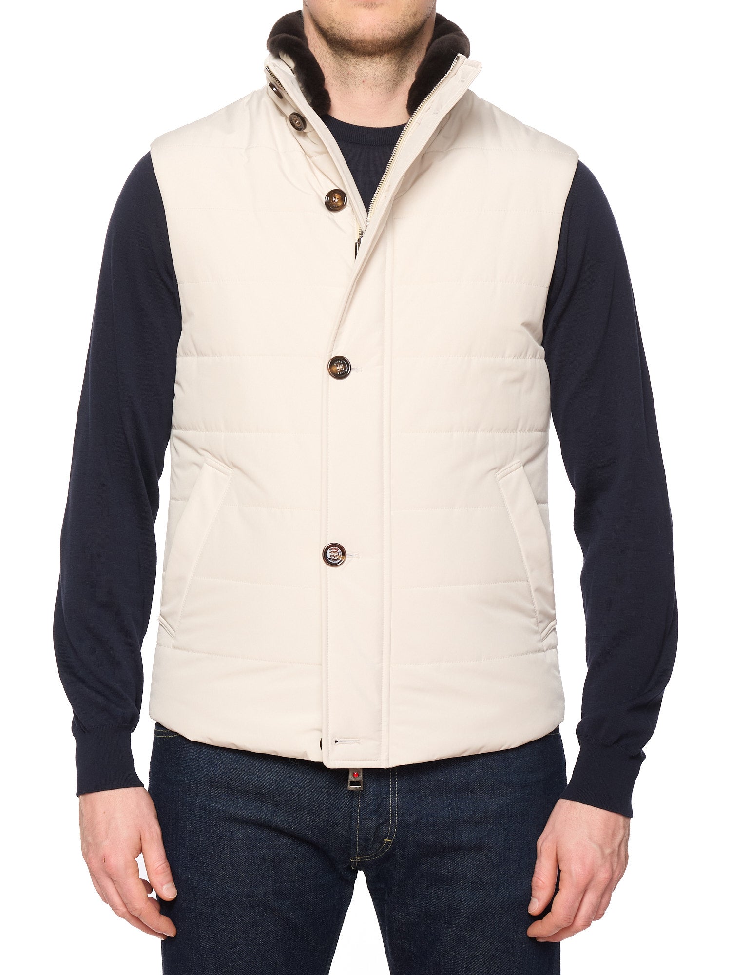 KITON KIRED "Gonga" Cream Vest with Fur Collar