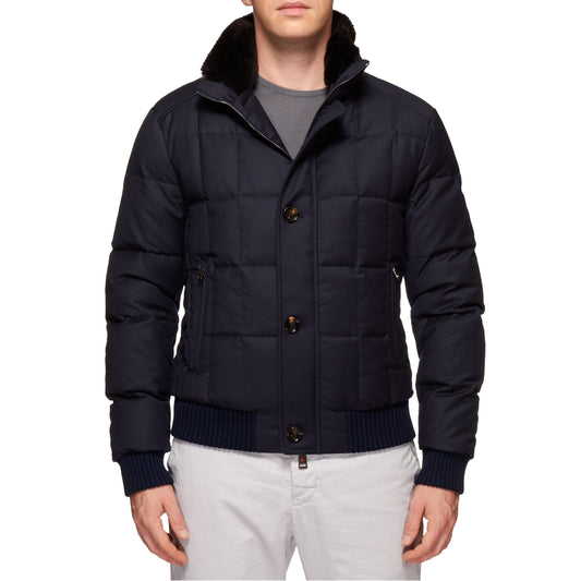 KITON KIRED "Nedap" Blue Wool-Cashmere Down Bomber Beaver Collar Puffer Jacket NEW