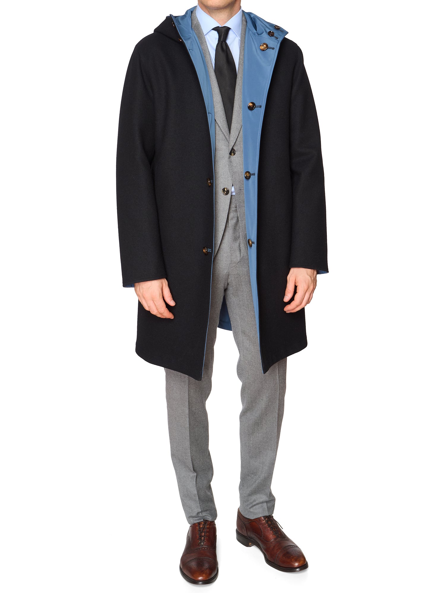 KITON KIRED "Tai" Black-Blue Reversible Double Face Hooded Coat