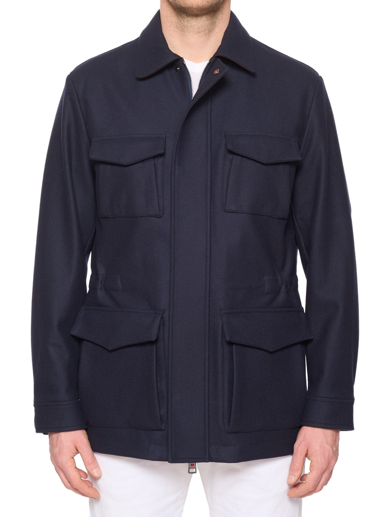 KITON KIRED "Tobe" Navy Blue Four Pocket Field Jacket Leather Trims