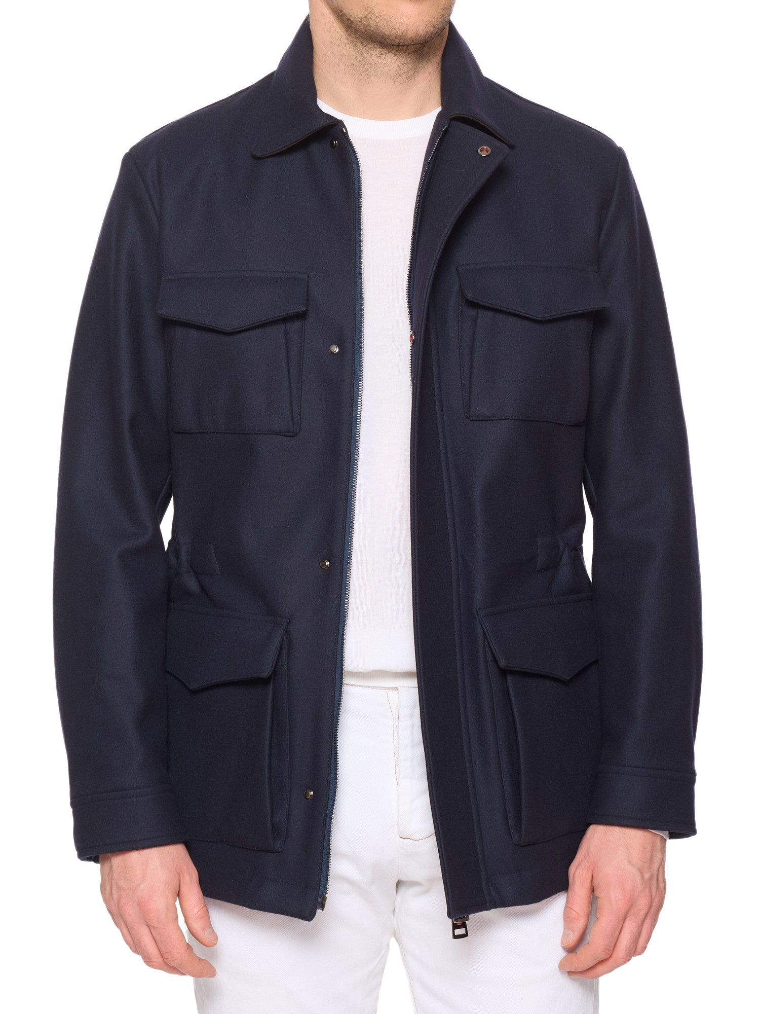 KITON KIRED "Tobe" Navy Blue Four Pocket Field Jacket Leather Trims