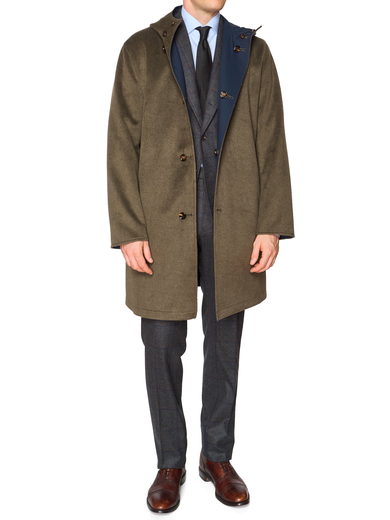 KITON KIRED "Peak" Olive-Blue Reversible Hooded Double Sided Coat NEW