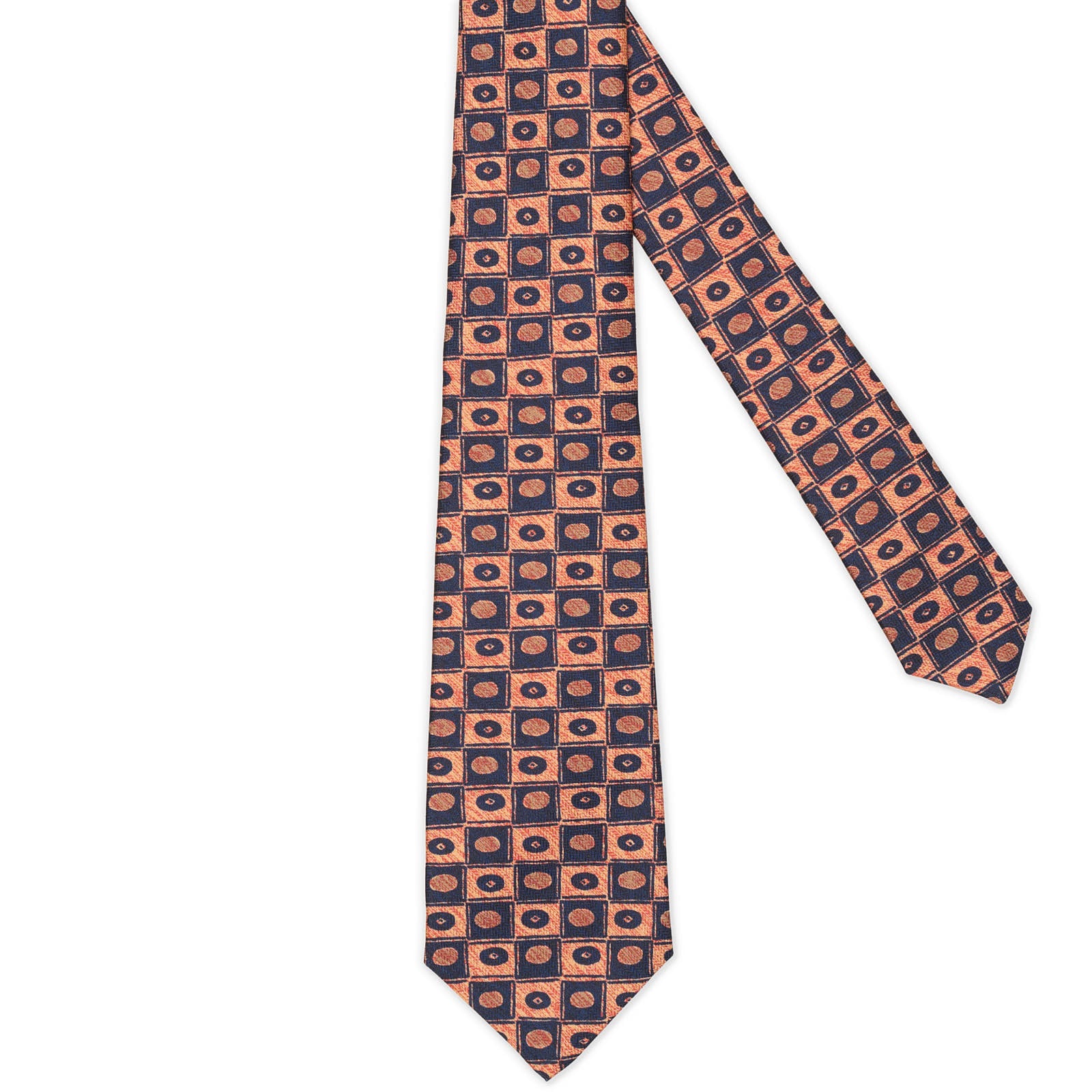 KITON Light Orange-Dark Blue Geometric Seven Fold Silk Tie NEW