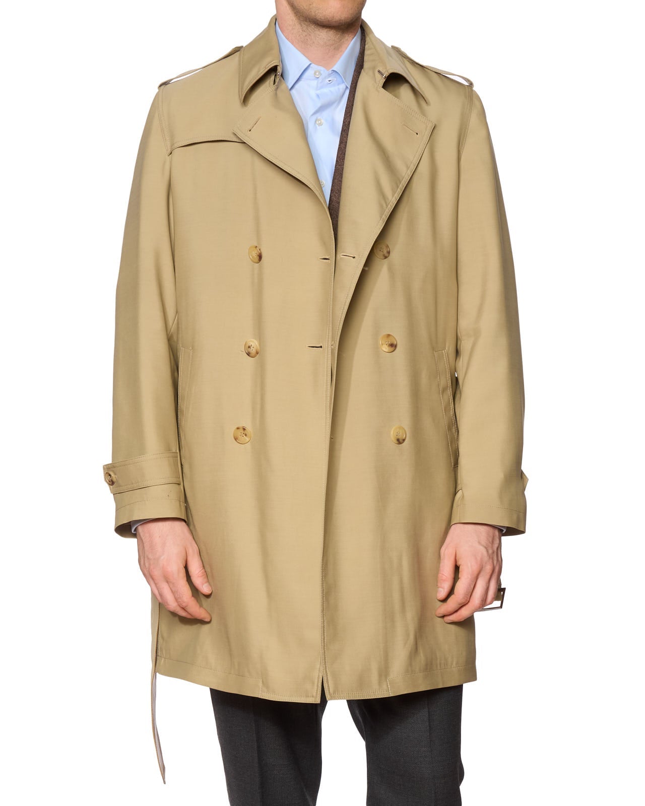 KITON Napoli Beige Wool DB Cashmere Lined Trench Coat EU 50 NEW US M Leather Trims